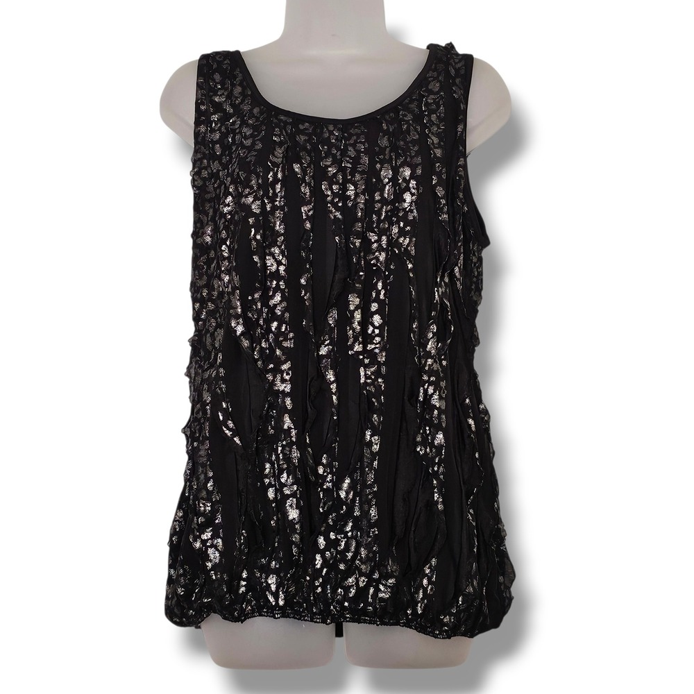 Vtg Y2K Tank Top L Womens Black Silver Foil Ruffle Mesh Glam Whimsigoth 90s‎ USA
